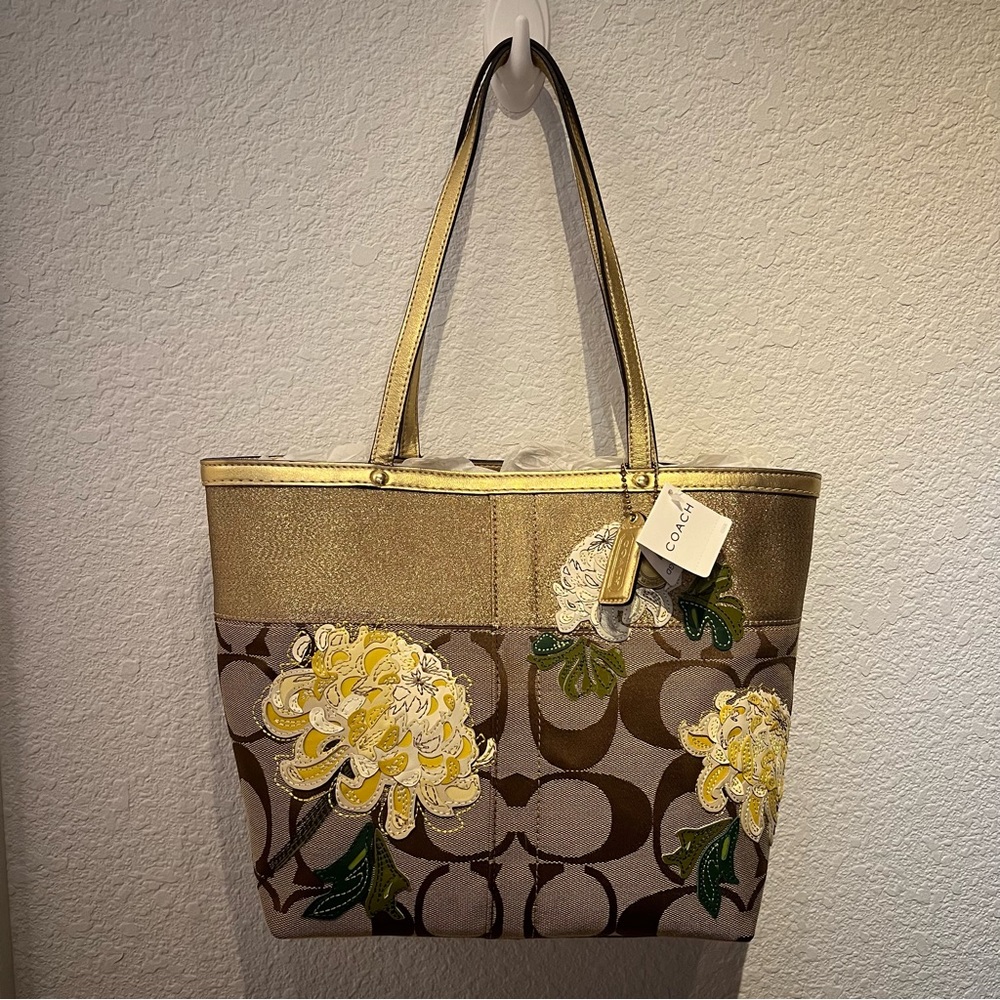 Monogram and floral gold coach tote